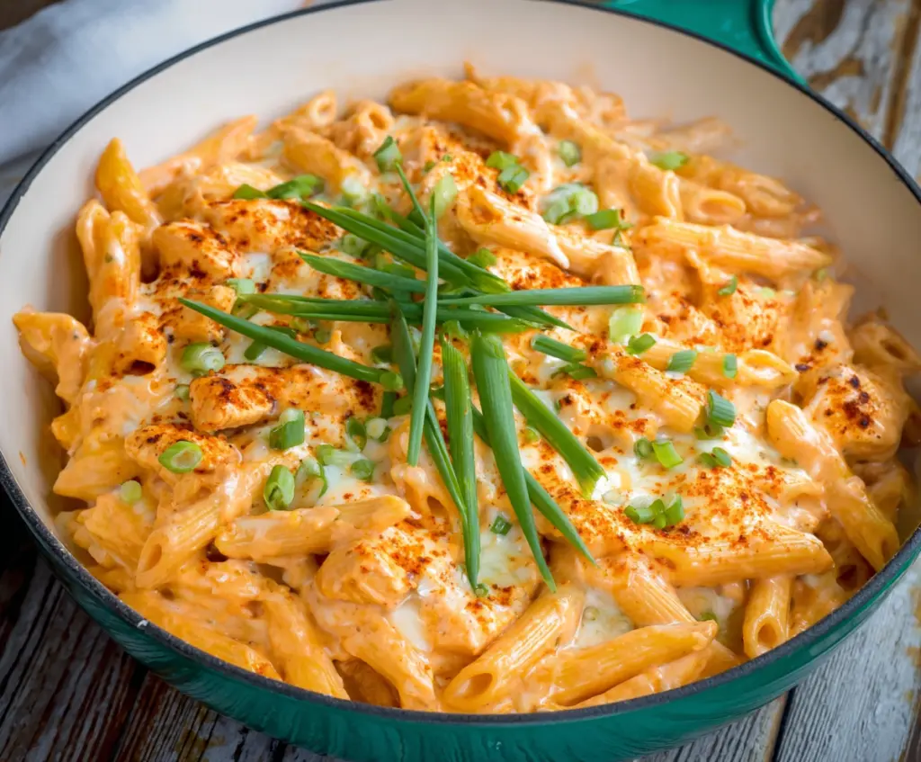 Creamy Buffalo Chicken Alfredo Penne pasta topped with shredded cheese and green herbs.