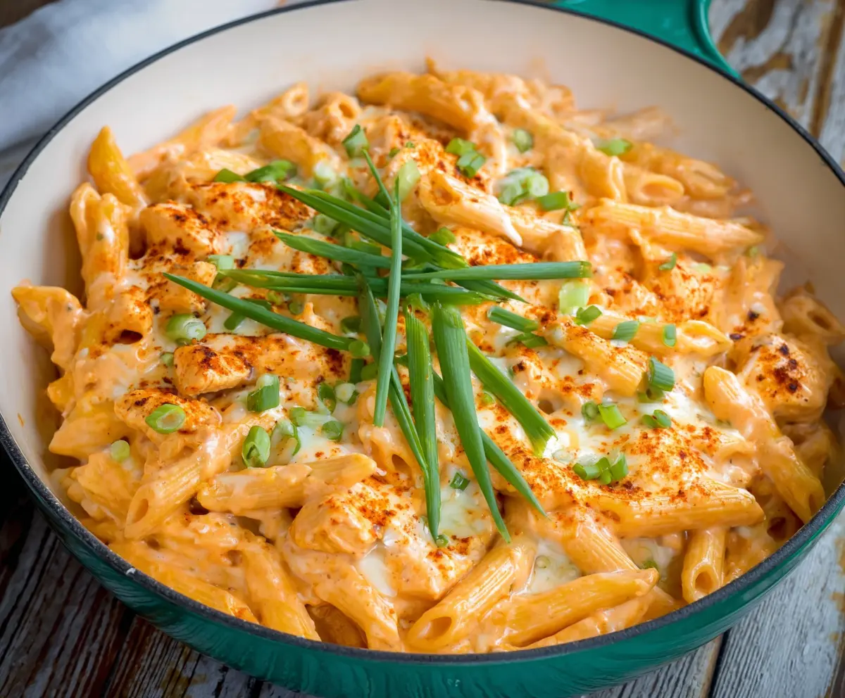 Creamy Buffalo Chicken Alfredo Penne pasta topped with shredded cheese and green herbs.