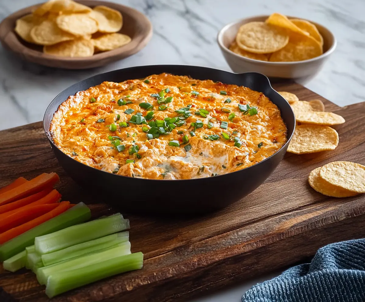 Creamy buffalo chicken dip with spicy sauce and melted cheese, perfect for parties and game day snacks.