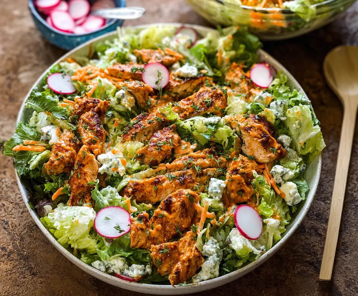Creamy Buffalo Ranch Chicken Salad with fresh vegetables and herbs.
