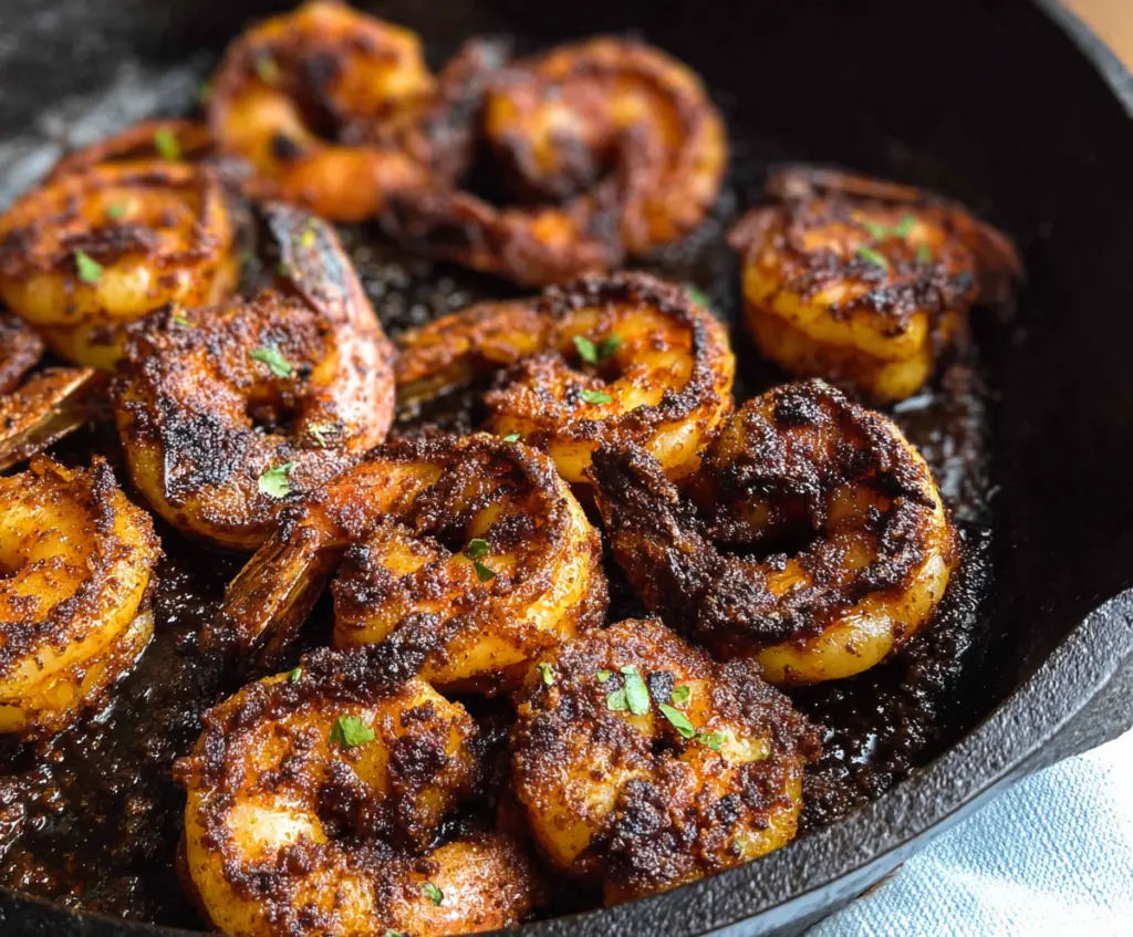 Delicious Cajun Blackened Shrimp served with vibrant vegetables on a white plate