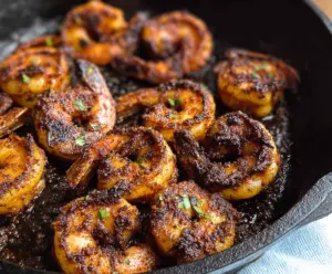 Delicious Cajun Blackened Shrimp served with vibrant vegetables on a white plate