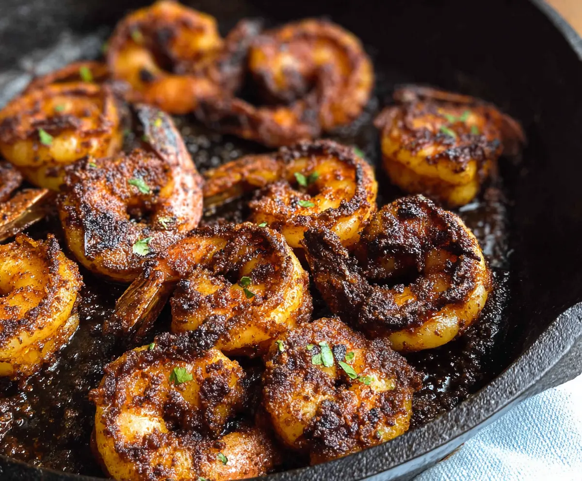 Delicious Cajun Blackened Shrimp served with vibrant vegetables on a white plate