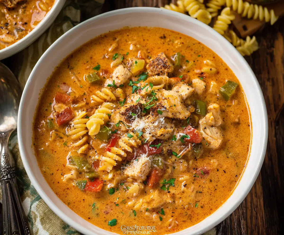 Delicious Cajun Chicken Soup Pasta served in a bowl with vibrant herbs.