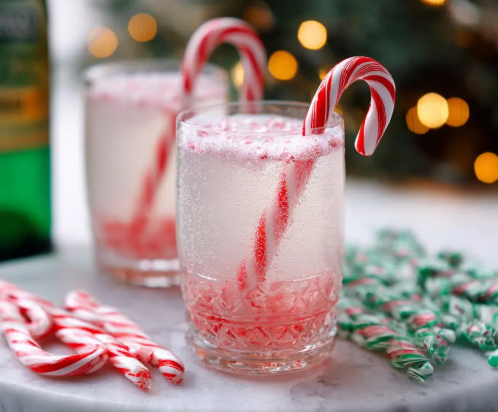 Refreshing Candy Cane Spritzer Cocktail garnished with a candy cane and mint leaves, perfect for holiday celebrations