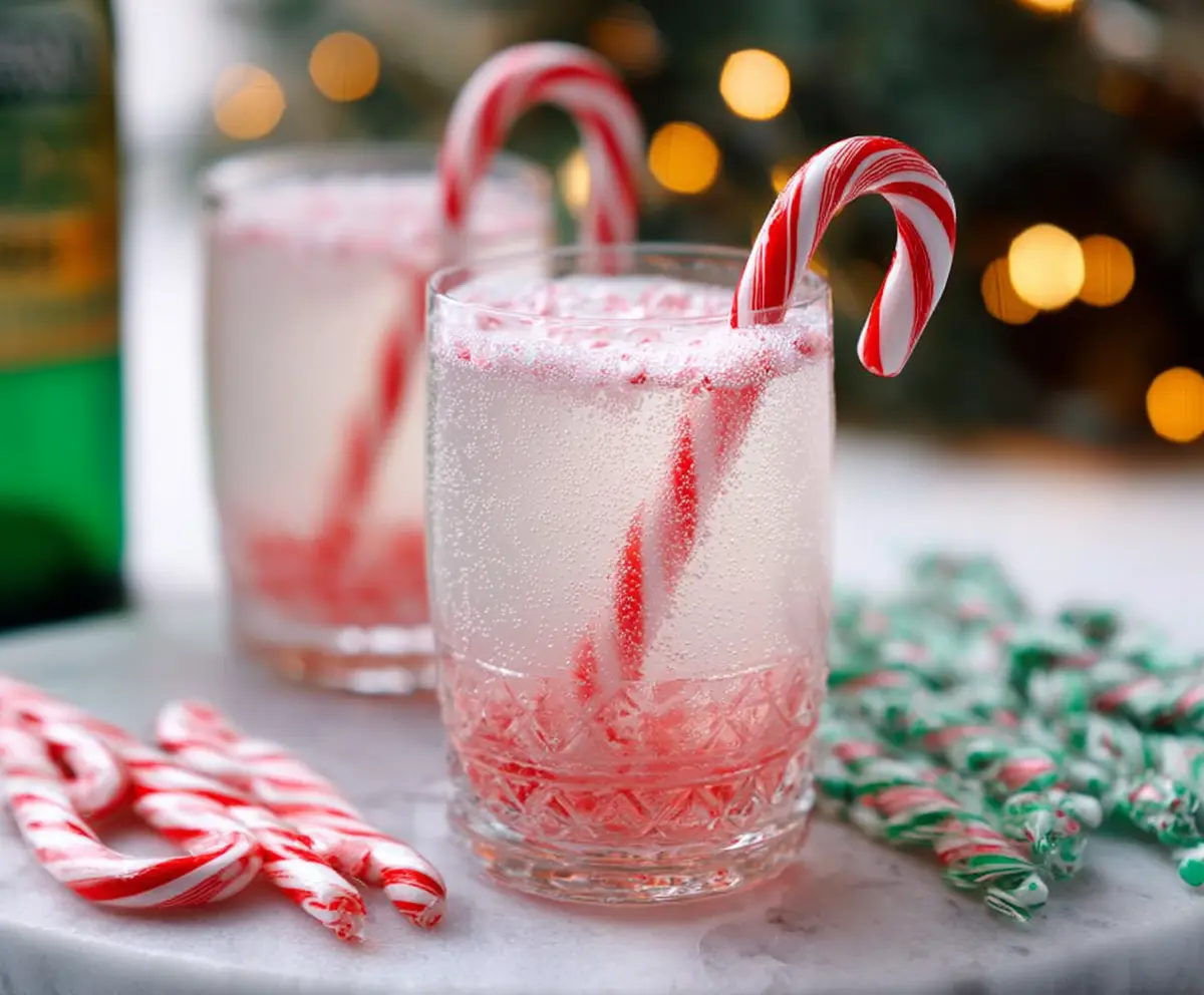 Refreshing Candy Cane Spritzer Cocktail garnished with a candy cane and mint leaves, perfect for holiday celebrations