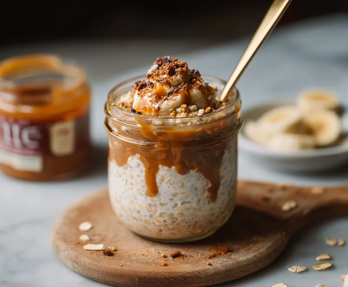 Creamy Caramel Macchiato Overnight Oats in a glass jar with caramel drizzle and coffee beans.
