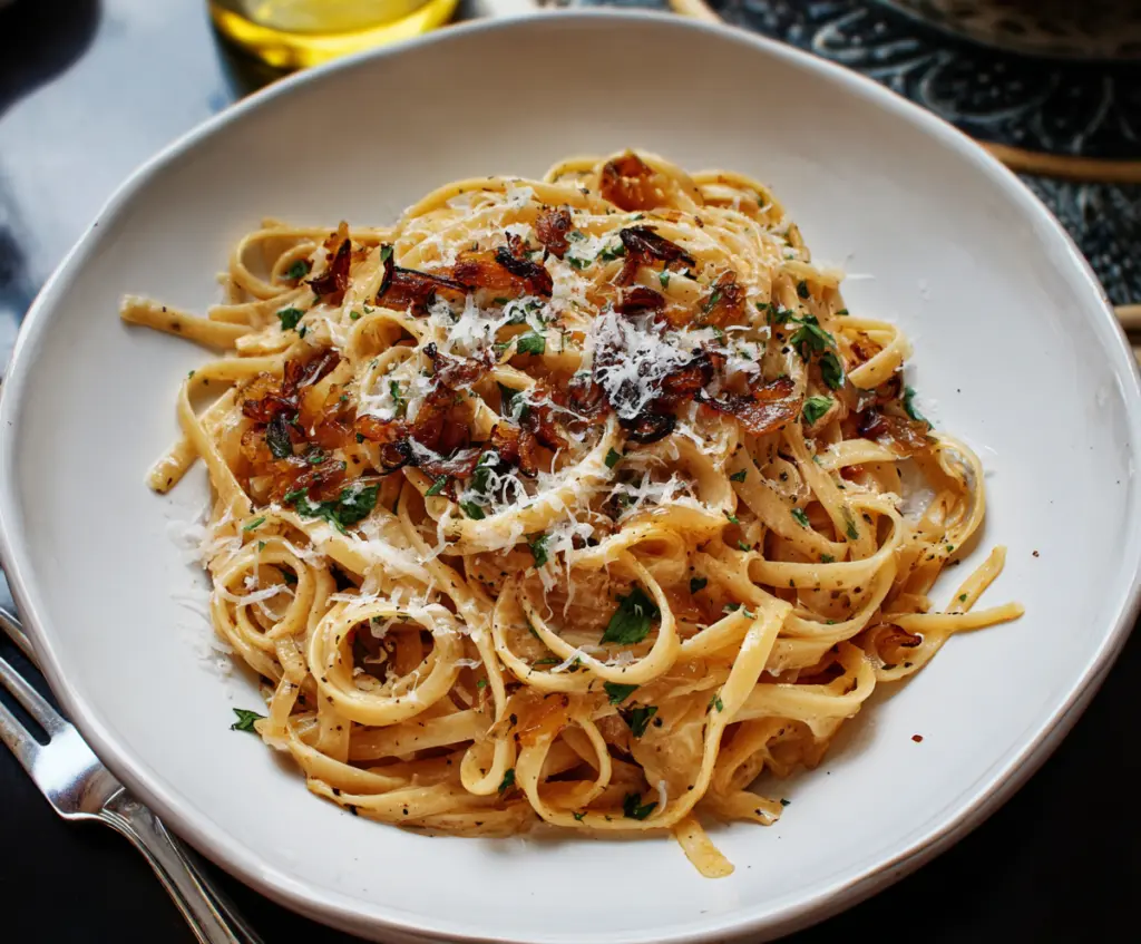 Delicious caramelized onion pasta served on a plate, highlighting caramelized onions and al dente pasta.