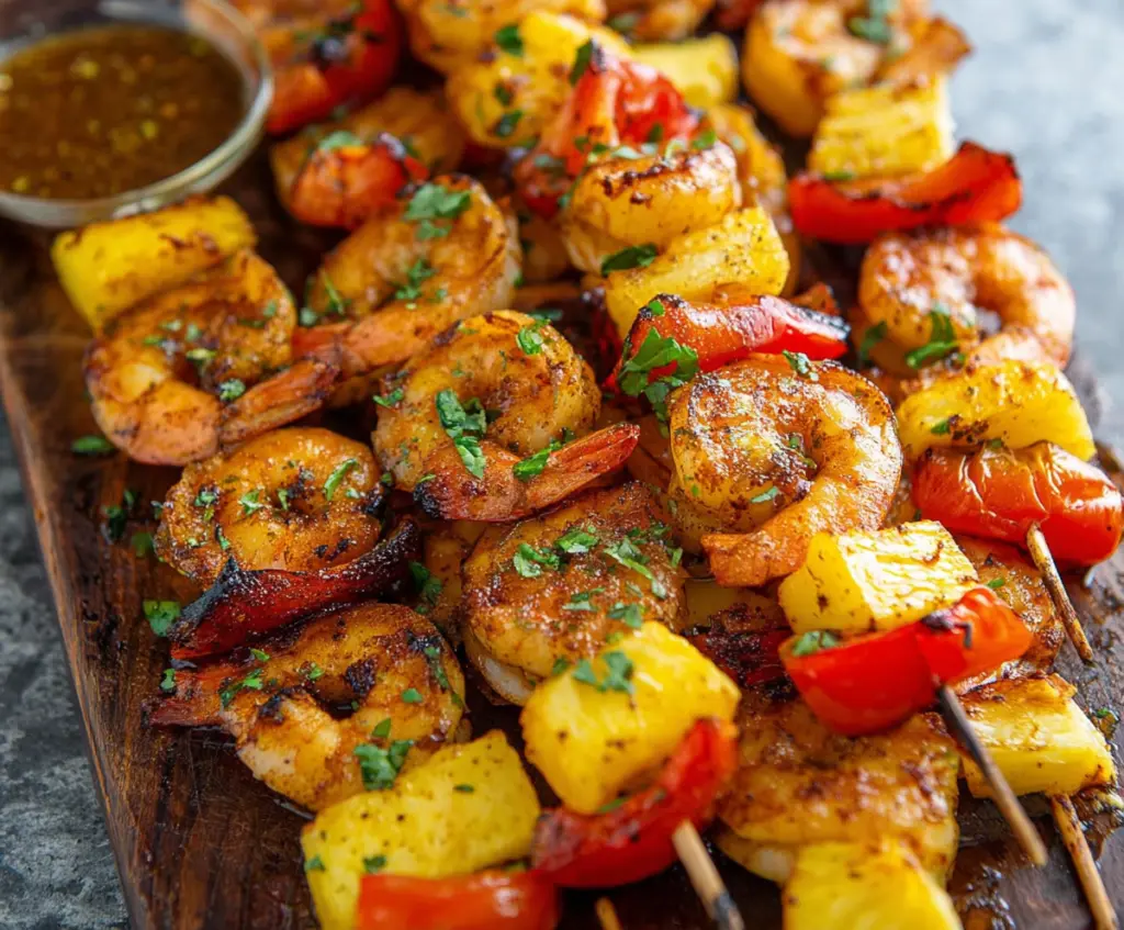Grilled Caribbean Jerk Shrimp Skewers with colorful vegetables on a serving platter
