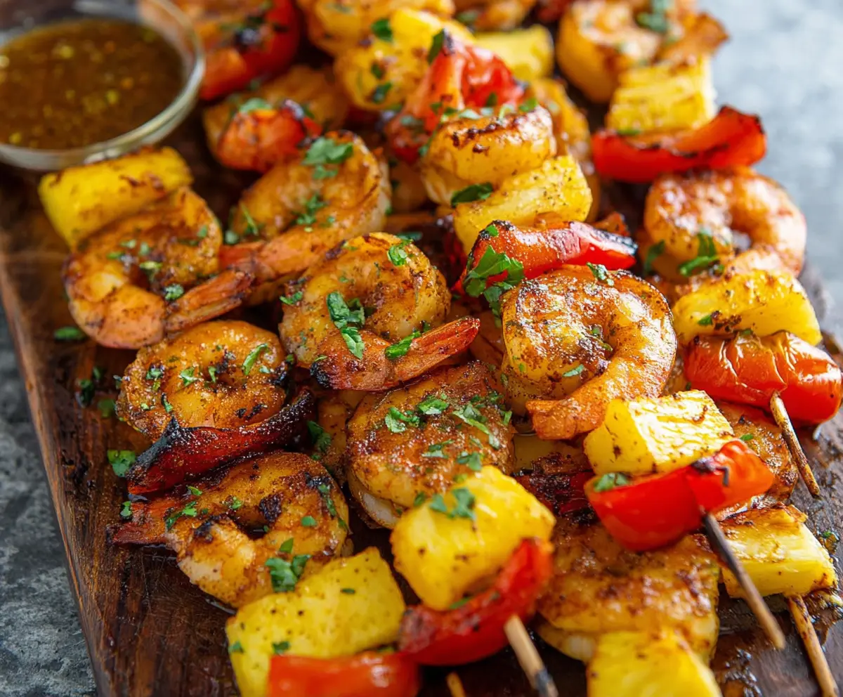 Grilled Caribbean Jerk Shrimp Skewers with colorful vegetables on a serving platter