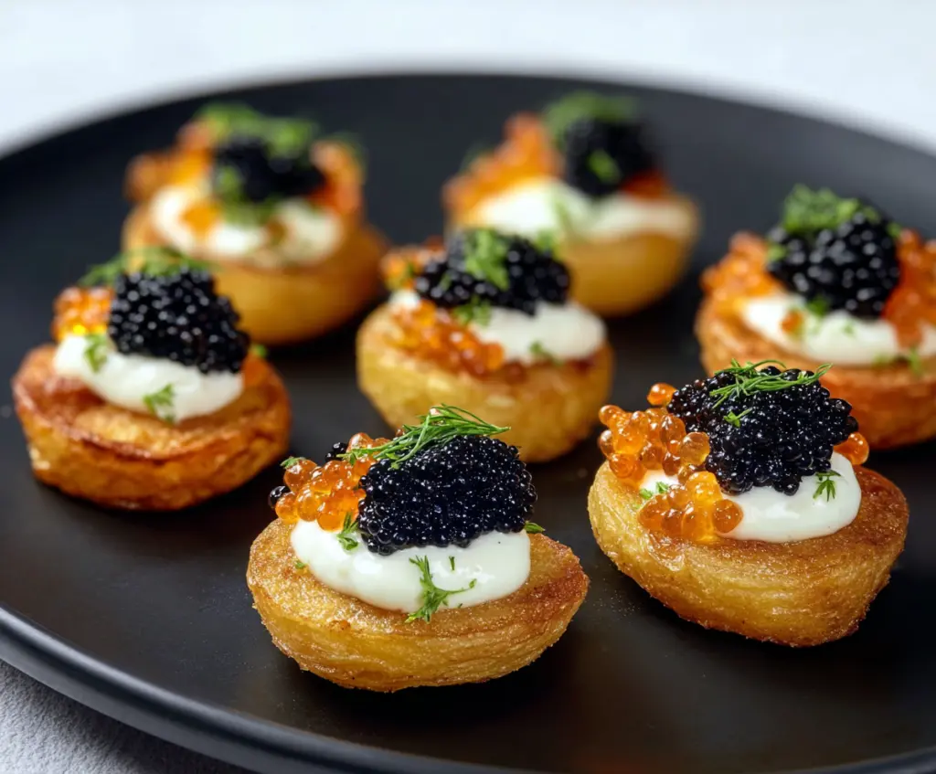 Delicious caviar potato bites served on a platter, perfect for appetizers and parties.