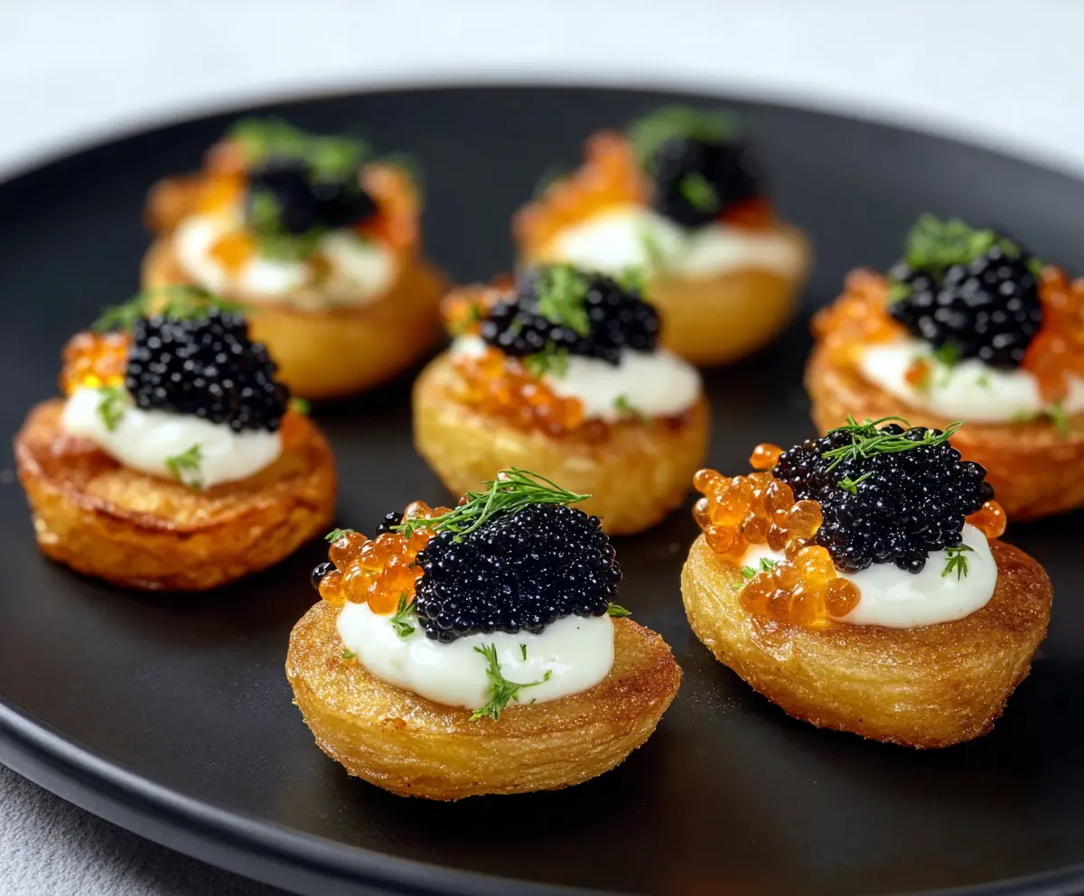 Delicious caviar potato bites served on a platter, perfect for appetizers and parties.