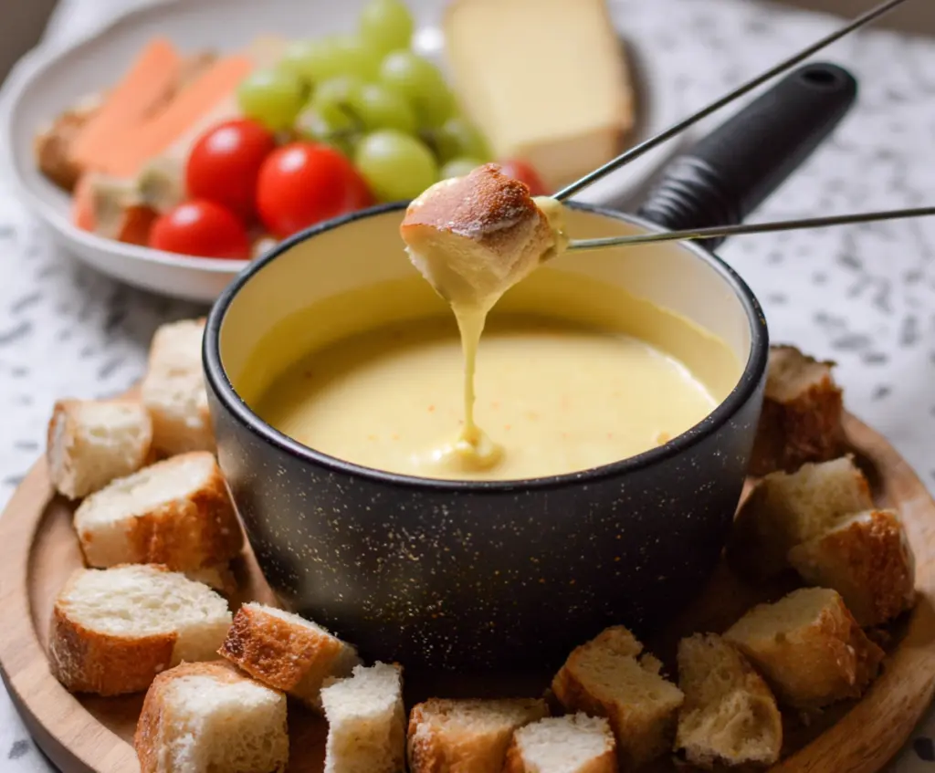 Creamy cheese fondue in a cozy pot with fresh bread and vegetables for dipping.