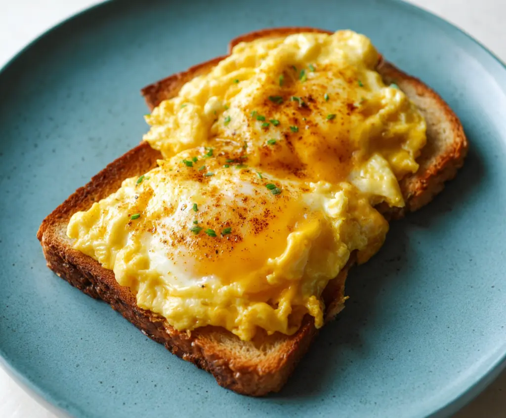 Delicious cheesy egg toast topped with melted cheese and fresh herbs, perfect for breakfast or brunch.