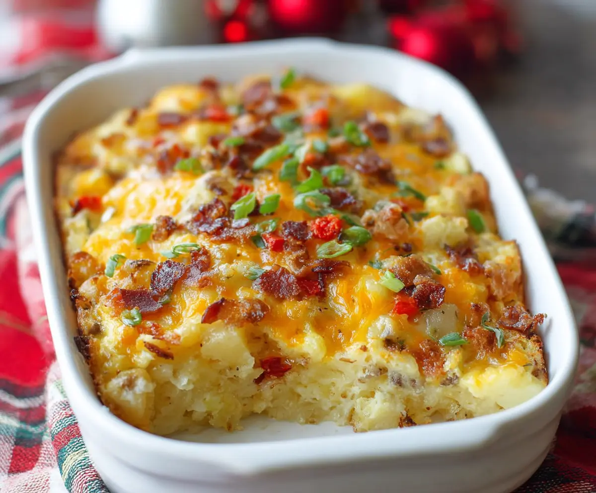 Delicious cheesy potato breakfast casserole with melted cheese and golden potatoes in a baking dish.