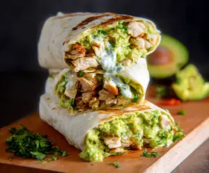 Delicious chicken avocado burrito with fresh ingredients and melted cheese on a wooden table.