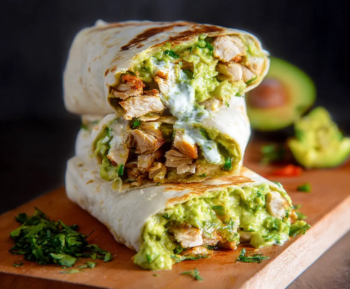 Delicious chicken avocado burrito with fresh ingredients and melted cheese on a wooden table.