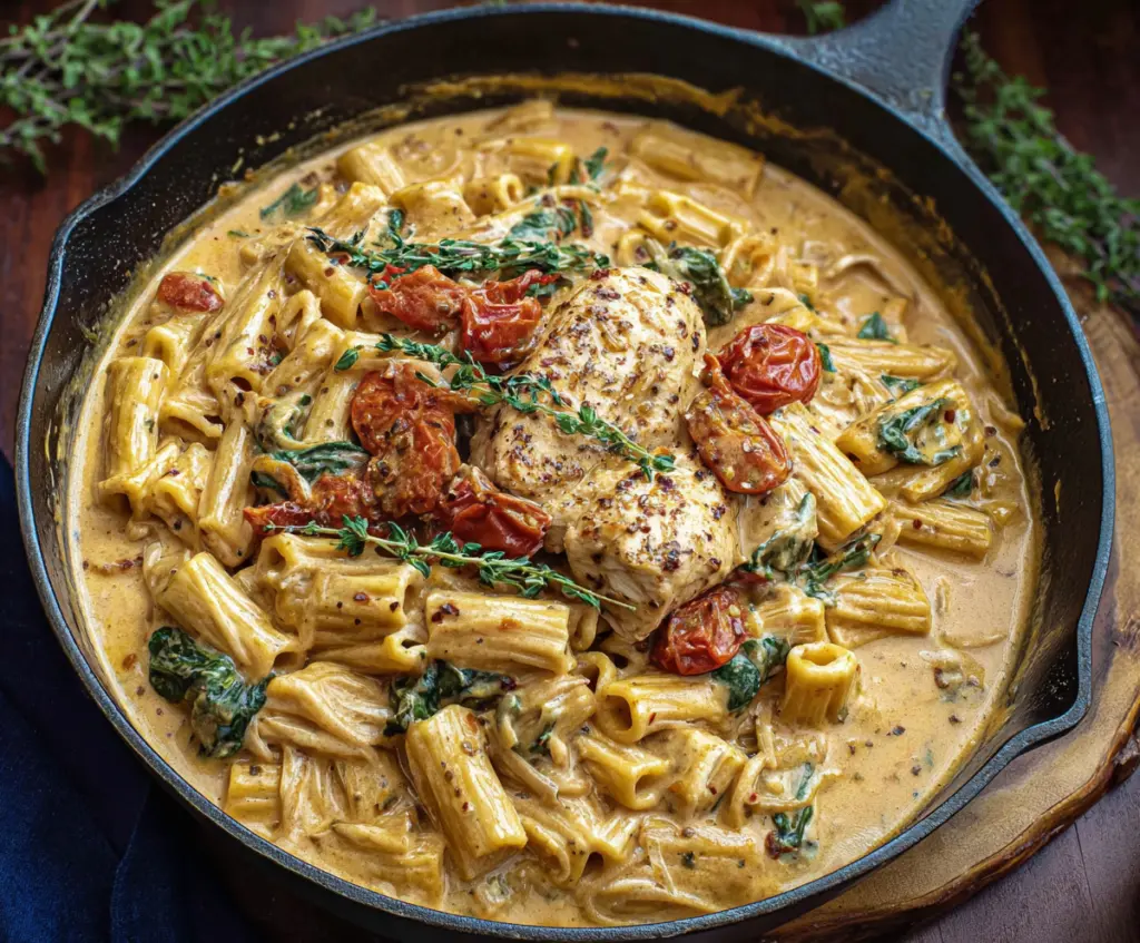 Creamy Tuscan Chicken Pasta in a white bowl featuring tender chicken, spinach, sun-dried tomatoes, and Parmesan cheese.