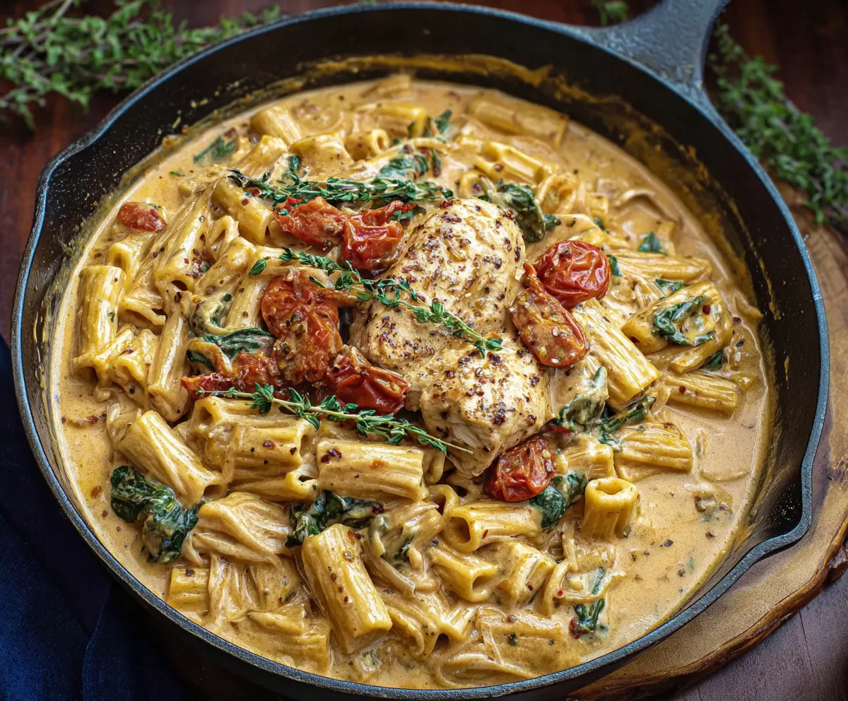 Creamy Tuscan Chicken Pasta in a white bowl featuring tender chicken, spinach, sun-dried tomatoes, and Parmesan cheese.