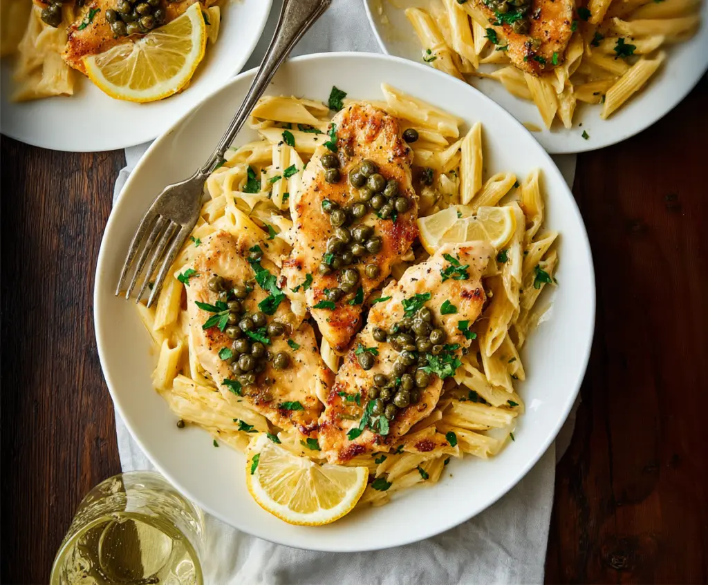 Delicious Chicken Piccata Pasta with lemon and capers on a plate