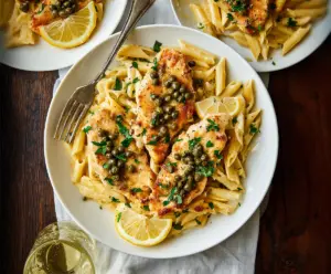 Delicious Chicken Piccata Pasta with lemon and capers on a plate