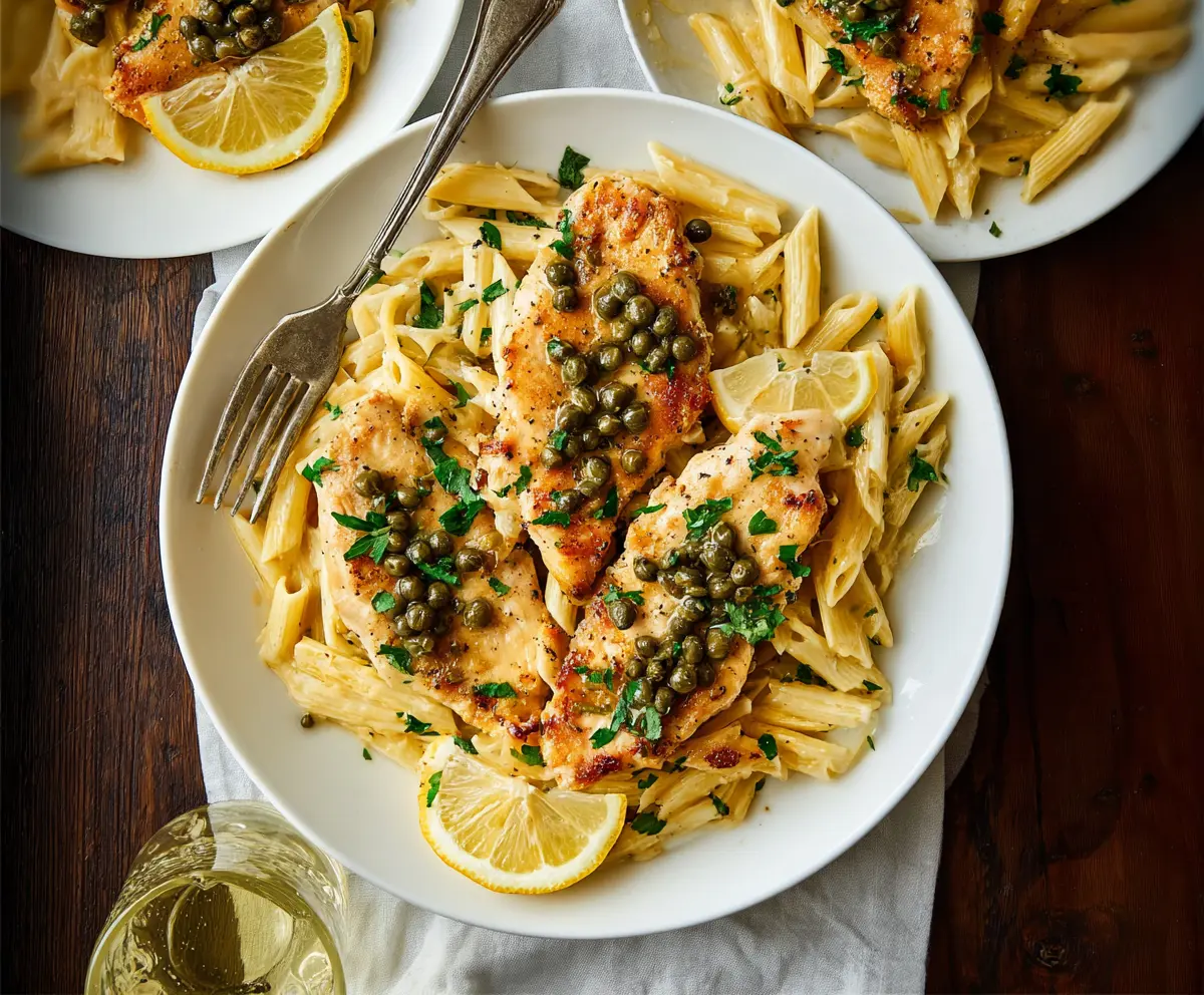 Delicious Chicken Piccata Pasta with lemon and capers on a plate