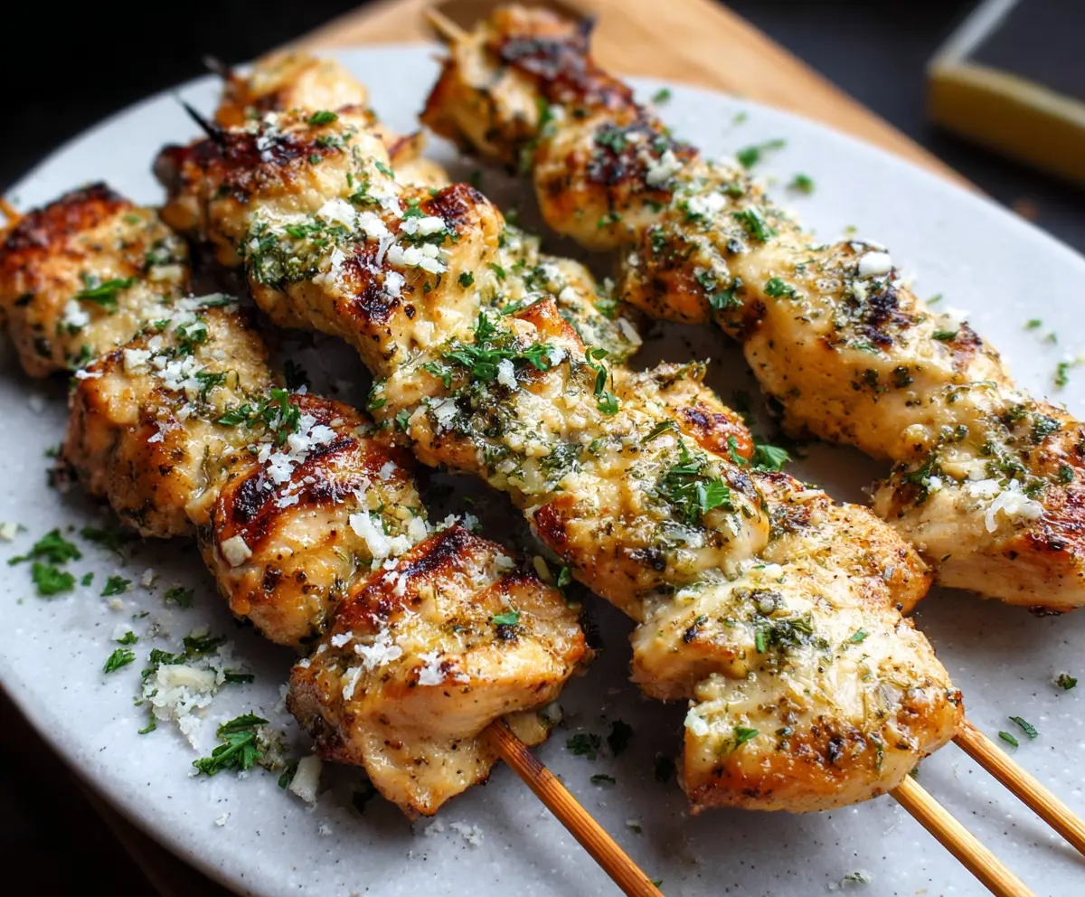 Delicious grilled chicken skewers topped with garlic and parmesan cheese, perfect for a savory appetizer or main course.
