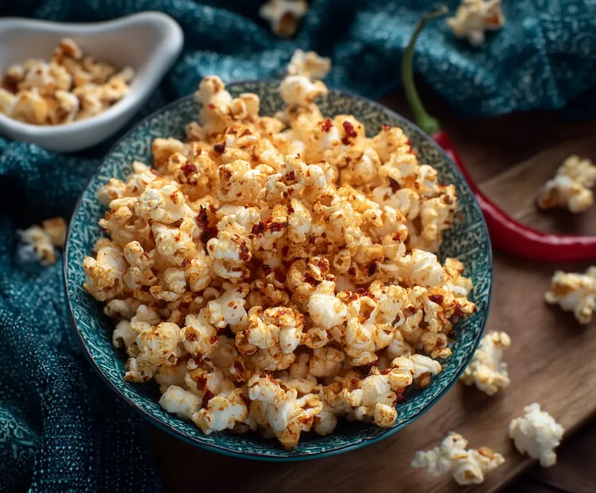 Spicy chilli popcorn in a bowl, perfect for movie nights and snack cravings