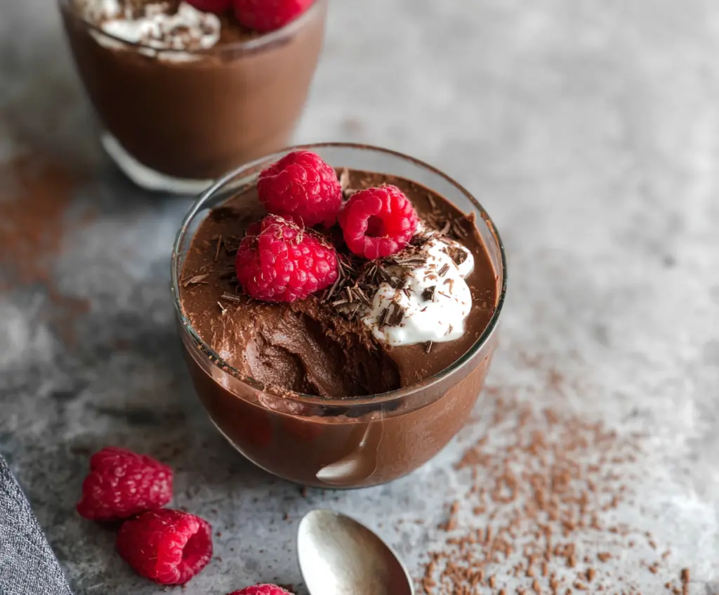 Creamy chocolate protein pudding in a glass bowl, garnished with chocolate shavings.