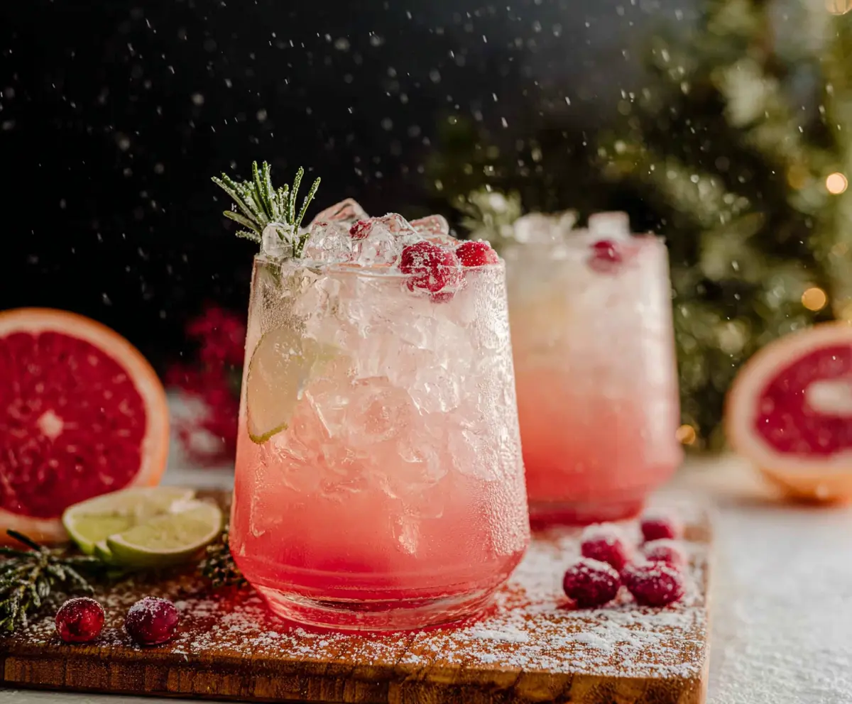Festive Christmas Paloma cocktail garnished with a slice of lime and a cherry, served in a clear glass with colorful holiday decorations in the background.