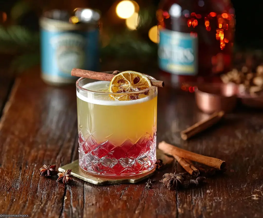 Festive Christmas Spiced Gin Punch served in a decorative glass with cinnamon sticks and citrus slices.