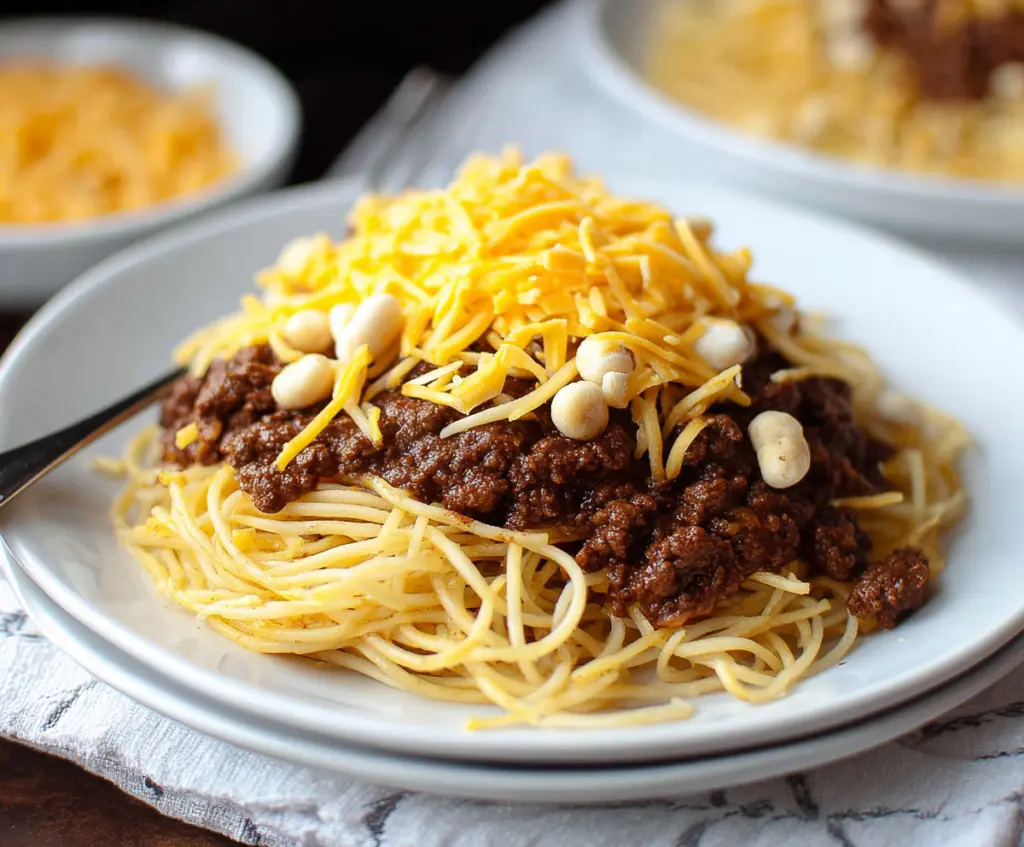 Delicious Cincinnati Chili Spaghetti topped with cheese and onions, served on a plate.