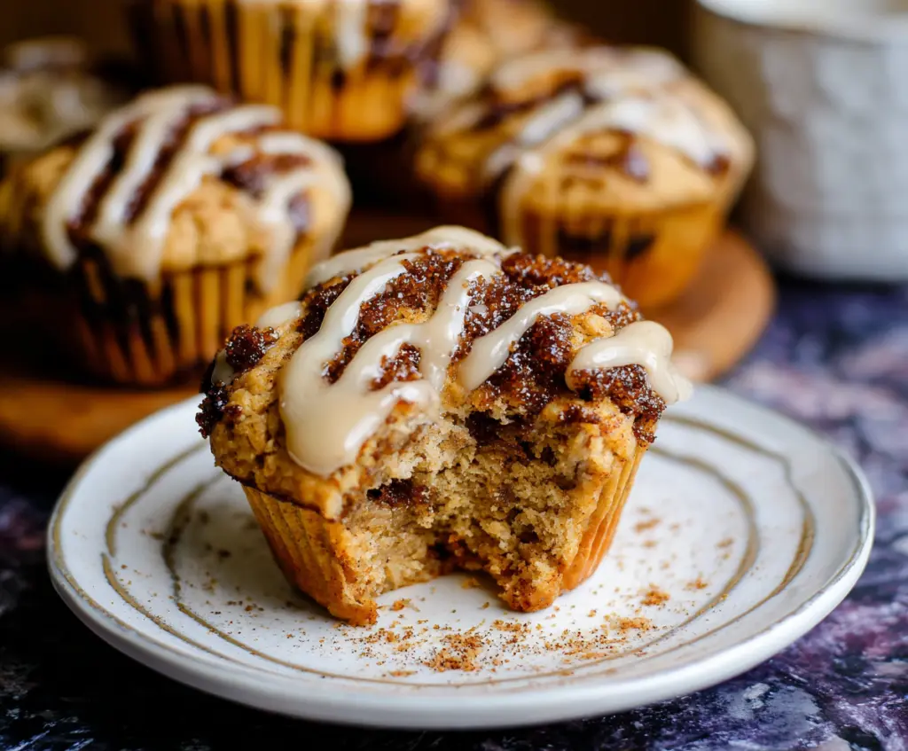 Delicious cinnamon roll protein muffins on a white plate, topped with icing and cinnamon sugar.