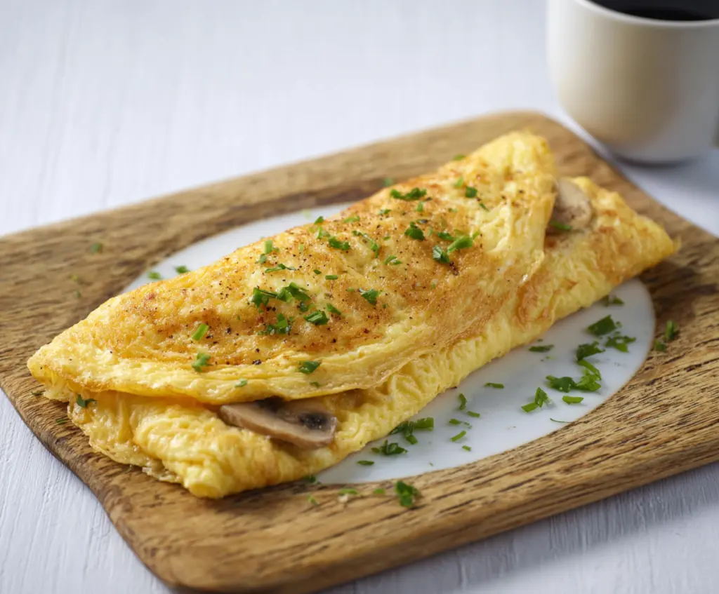 Fresh classic omelet filled with fluffy eggs and melted cheese, served on a breakfast plate.