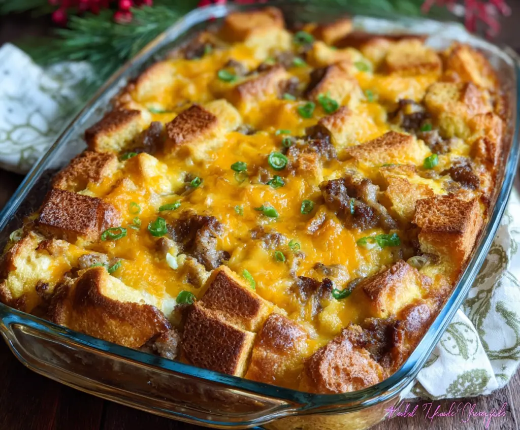 Hearty country breakfast casserole with eggs, cheese, and sausage in a baking dish.