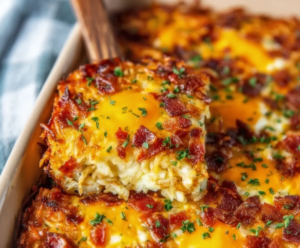 Delicious Crack Breakfast Casserole with Hashbrowns, eggs, cheese, and breakfast sausage served in a baking dish.