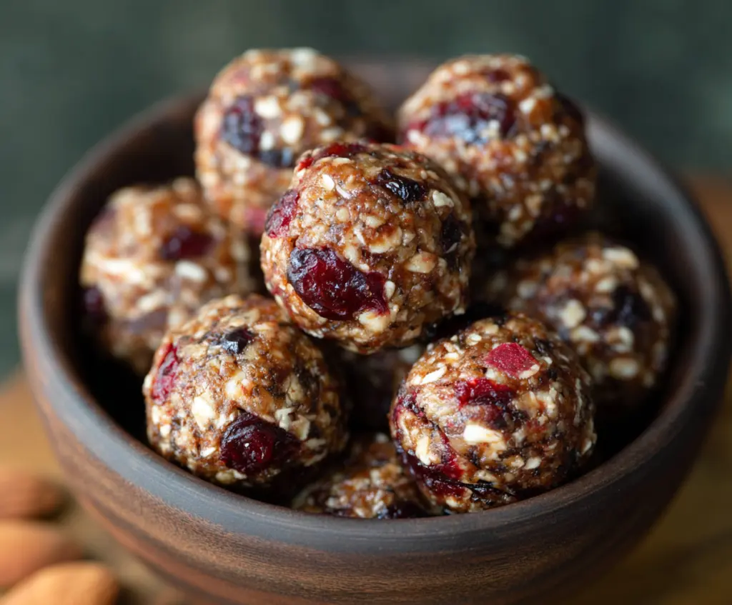 Healthy Cranberry Almond Energy Bites on a white plate, showcasing a colorful mixture of cranberries and almonds.