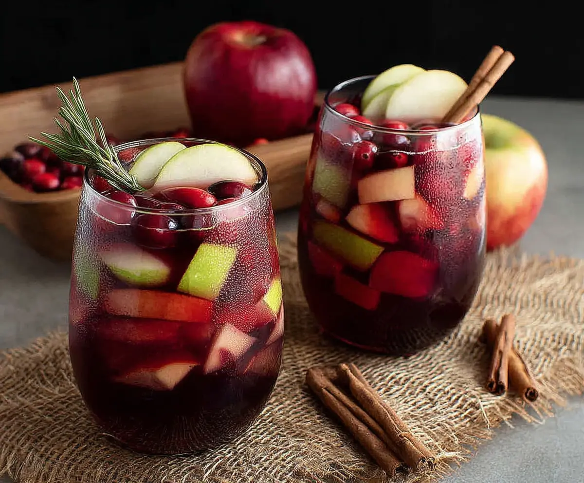 Refreshing Cranberry Apple Cider Sangria served in a glass with fresh cranberries and apple slices.