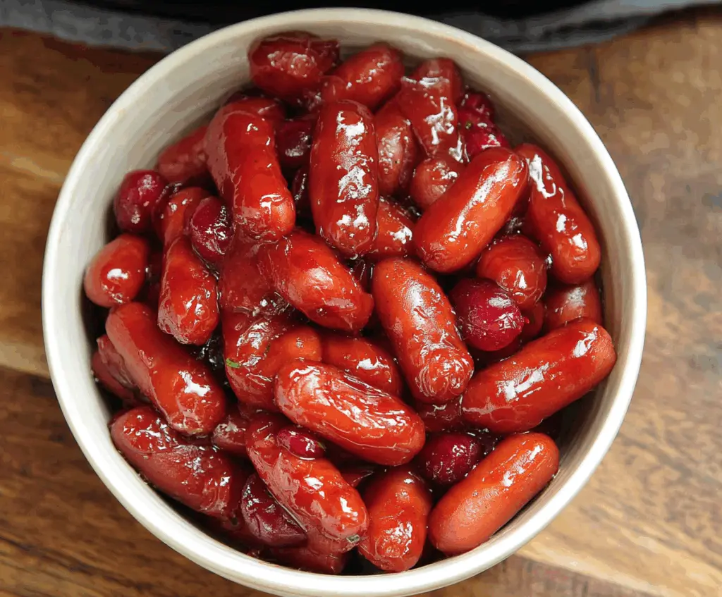 Delicious Cranberry BBQ Little Smokies served on a platter, perfect for appetizers.