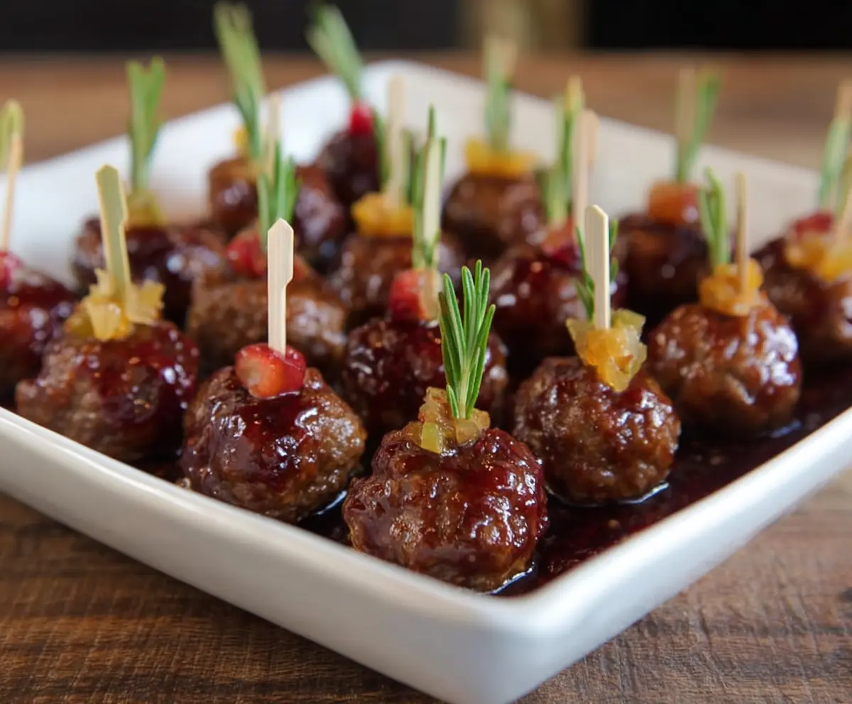 Cranberry Chipotle Cocktail Meatballs served as an appetizer with a flavorful spicy and tangy sauce.
