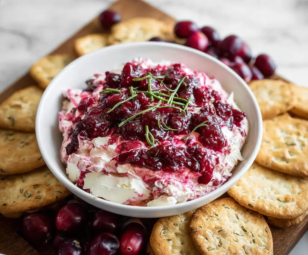 Delicious cranberry cream cheese dip served with fresh fruits and crackers for a festive appetizer.