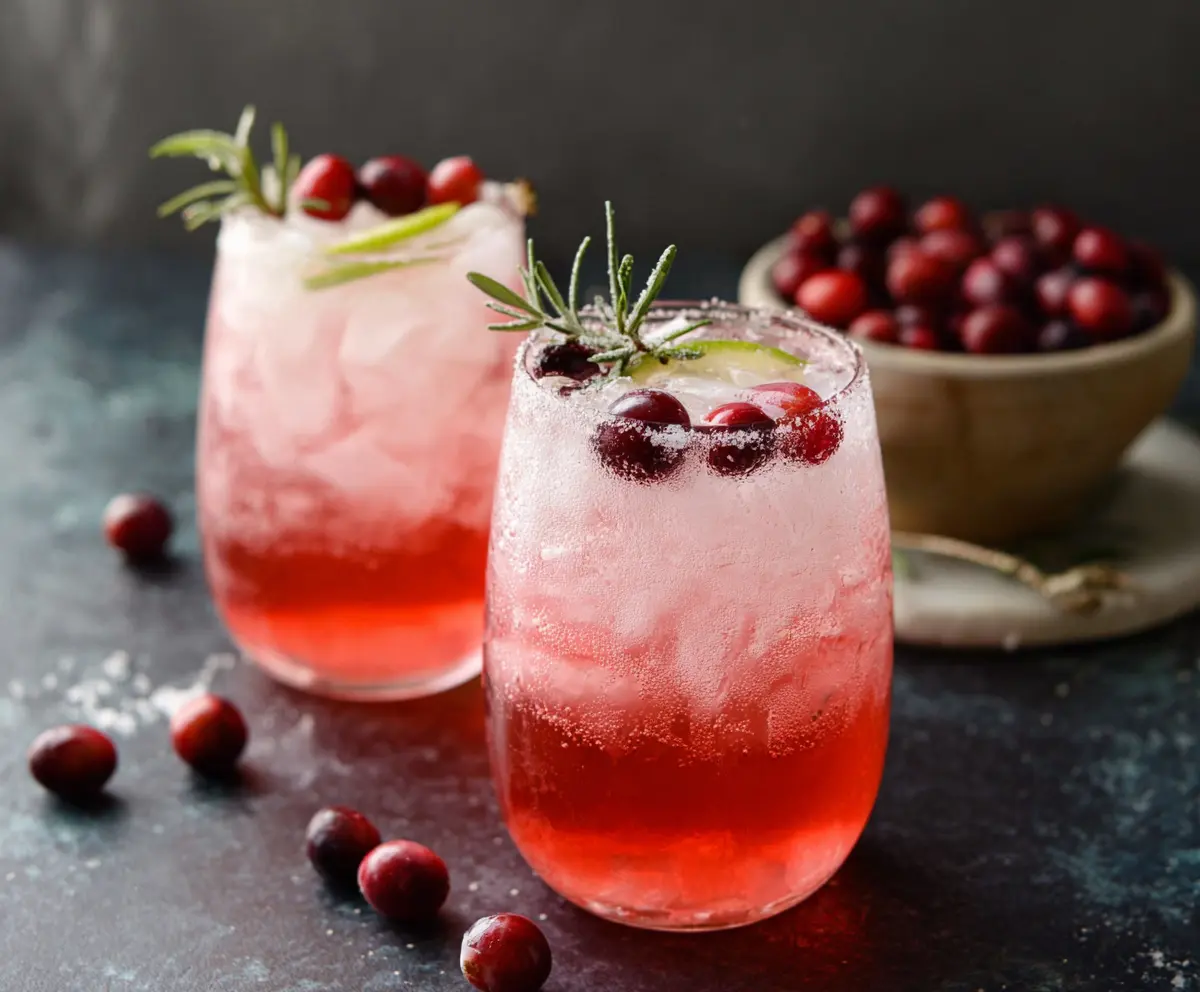 Refreshing Cranberry Gin Fizz cocktail with fresh cranberries and lime garnished in a clear glass.