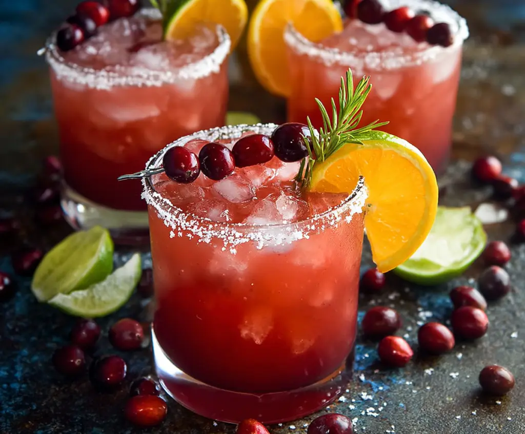 Refreshing cranberry orange margarita cocktail with fresh citrus and vibrant red berries