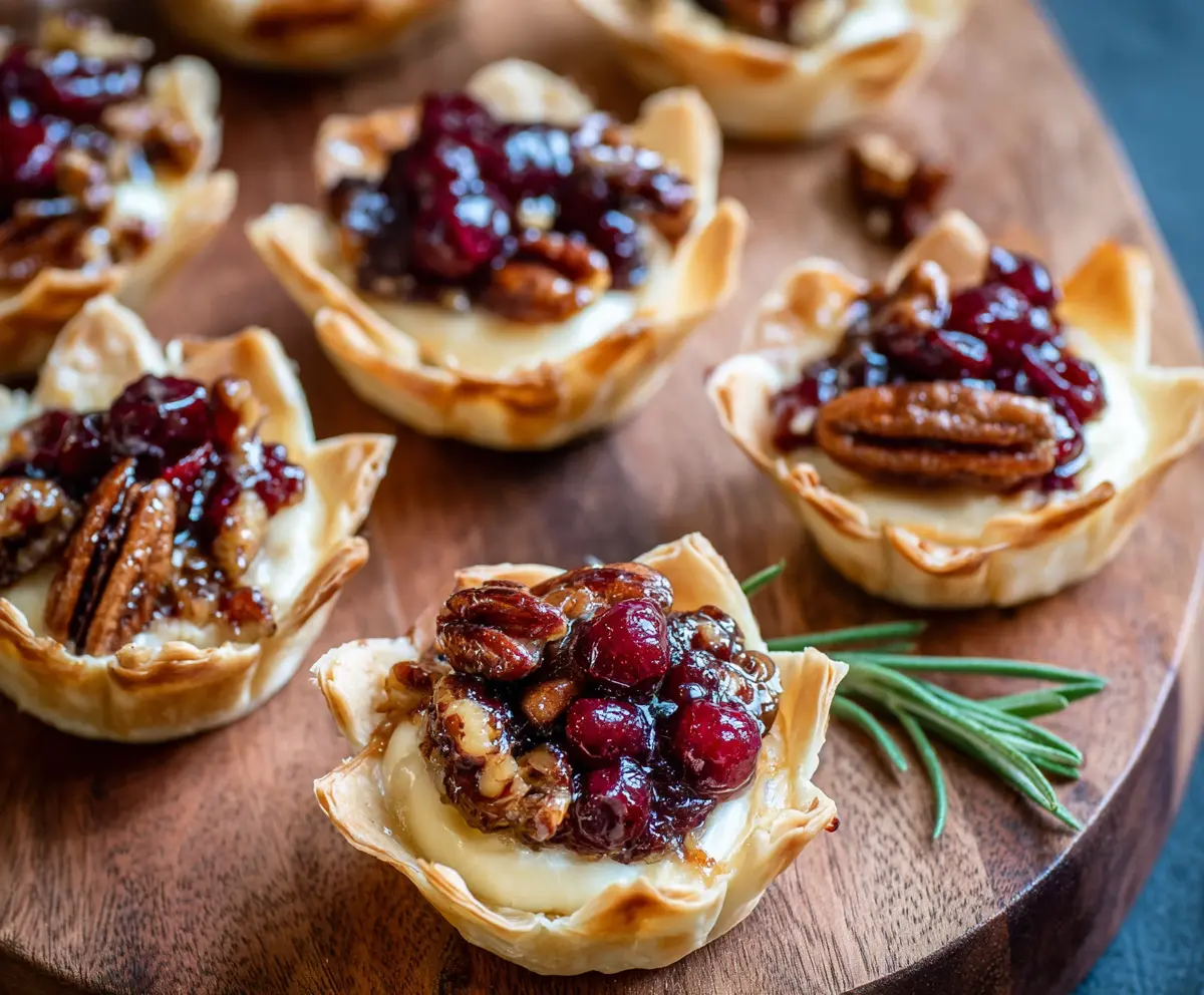 Delicious Cranberry Pecan Baked Brie Cups served on a platter with fresh herbs