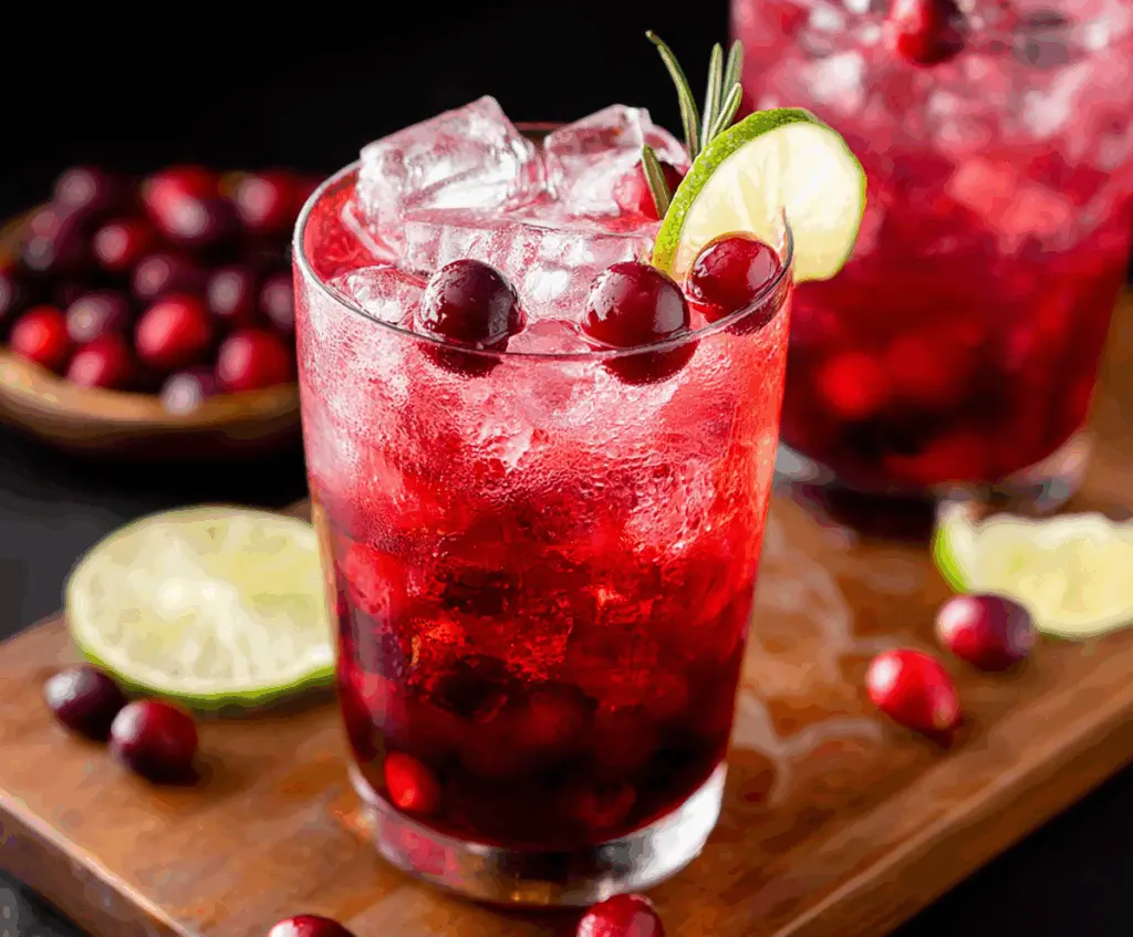 Refreshing cranberry vodka cocktail garnished with fresh cranberries and a lime wedge.