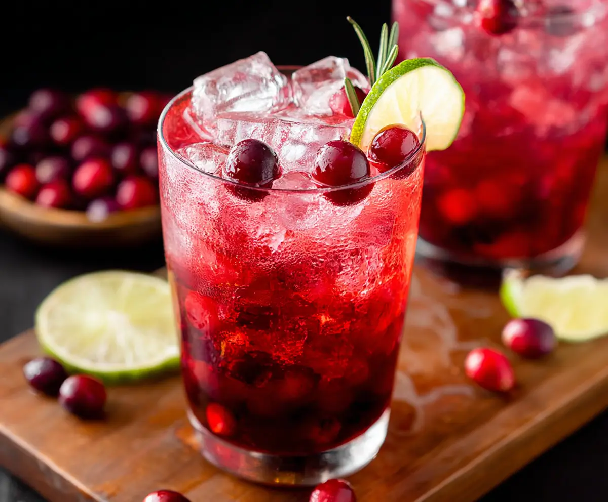Refreshing cranberry vodka cocktail garnished with fresh cranberries and a lime wedge.