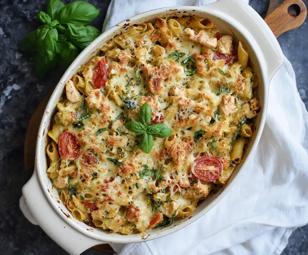 Creamy basil pesto chicken pasta bake topped with fresh herbs and melted cheese.