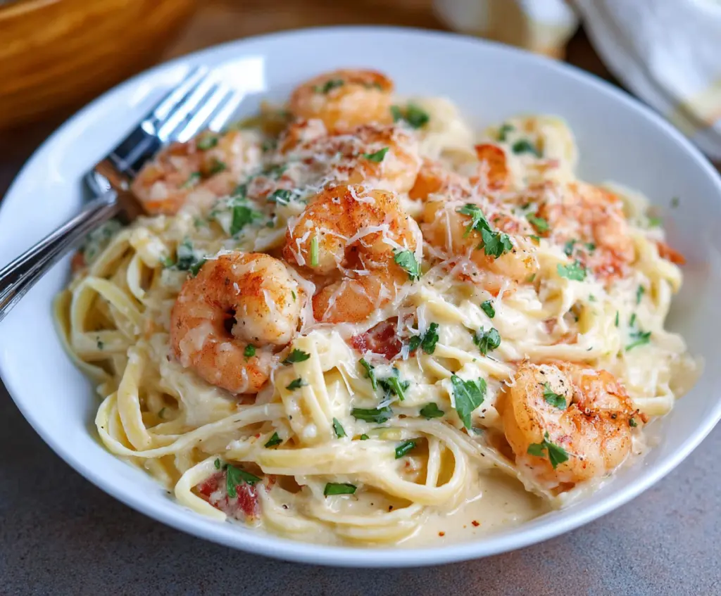 Creamy garlic Parmesan shrimp pasta served in a white bowl garnished with fresh herbs.