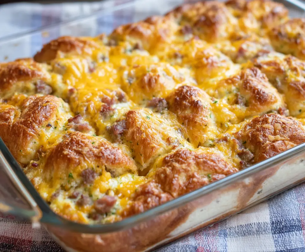 Delicious Crescent Roll Breakfast Casserole with eggs, cheese, and breakfast sausage in a baking dish