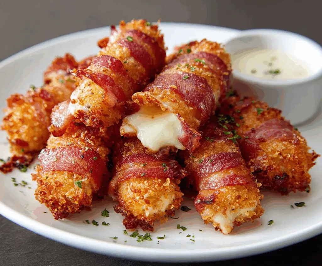 Crispy bacon-wrapped mozzarella poppers served with a dipping sauce on a white plate.